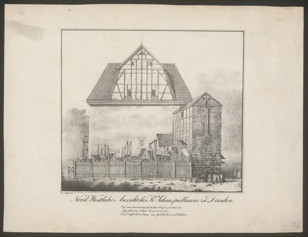 Dresden, Hoftheater (Königliches Schauspielhaus), Titel in Vorlageform: Nord-Westliche Ansicht des K. Schauspielhauses zu Dresden