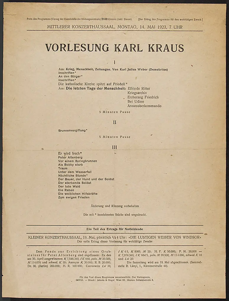 Vorlesung Karl Kraus, Verweis auf Stücktitel: Die letzten Tage der Menschheit