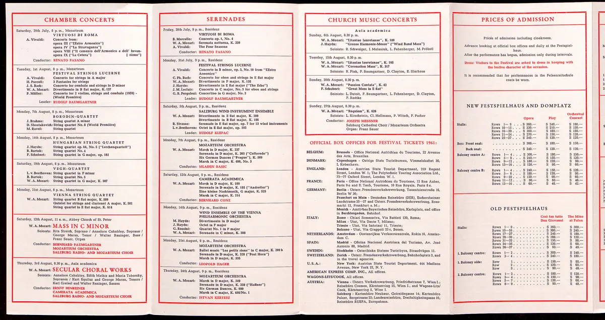 Salzburger Festspiele 1961, Titel in Vorlageform: Salzburg Festival 1961, Verweis auf Stücktitel: Cosi fan tutte, Verweis auf Stücktitel: Die Entführung aus dem Serail, Verweis auf Stücktitel: Don Giovanni, Verweis auf Stücktitel: Idomeneo, Verweis auf Stücktitel: Der Rosenkavalier, Simon Boccanegra, Verweis auf Stücktitel: Das Bergwerk zu Falun, Verweis auf Stücktitel: Jedermann, Verweis auf Stücktitel: Faust, Verweis auf Stücktitel: Der Bauer als Millionär
