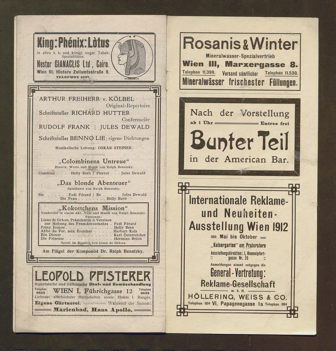 Kabarett Fledermaus, Titel in Vorlageform: Fledermaus 1911-12, Verweis auf Stücktitel: Colombinens Untreue, Verweis auf Stücktitel: Das blonde Abenteuer, Verweis auf Stücktitel: Kokottchens Mission