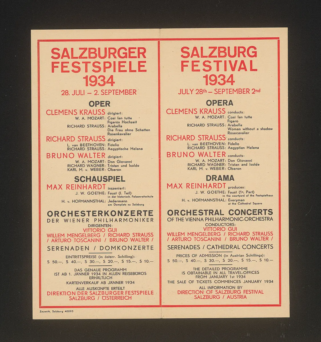 Salzburger Festspiele 1934, Titel in Vorlageform: Salzburg Festival 1934, Titel in Vorlageform: Festival de Salzbourg 1934, Titel in Vorlageform: Festival di Salisburgo 1934, Verweis auf Stücktitel: Fidelio, Verweis auf Stücktitel: Cosi fan tutte, Verweis auf Stücktitel: Figaros Hochzeit, Verweis auf Stücktitel: Die ägyptische Helena, Verweis auf Stücktitel: Elektra, Verweis auf Stücktitel: Die Frau ohne Schatten, Verweis auf Stücktitel: Der Rosenkavalier, Verweis auf Stücktitel: Don Giovanni, Verweis auf Stücktitel: Oberon, Verweis auf Stücktitel: Tristan und Isolde, Verweis auf Stücktitel: Jedermann, Verweis auf Stücktitel: Faust