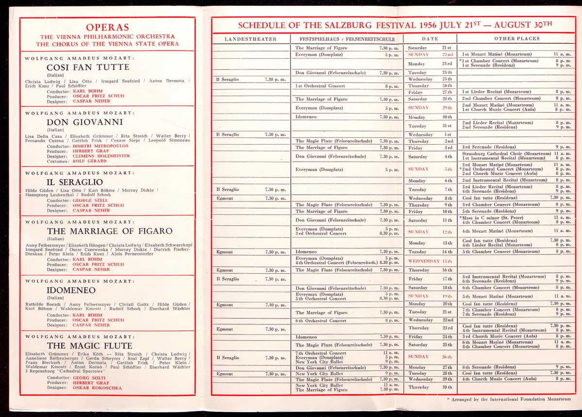 Salzburger Festspiele 1956, Titel in Vorlageform: Salzburg Festival 1956, Verweis auf Stücktitel: Cosi fan tutte, Verweis auf Stücktitel: Don Giovanni, Verweis auf Stücktitel: Entführung aus dem Serail, Figaros Hochzeit, Verweis auf Stücktitel: Idomeneo, Verweis auf Stücktitel: Zauberflöte, Verweis auf Stücktitel: Jedermann, Verweis auf Stücktitel: Egmont