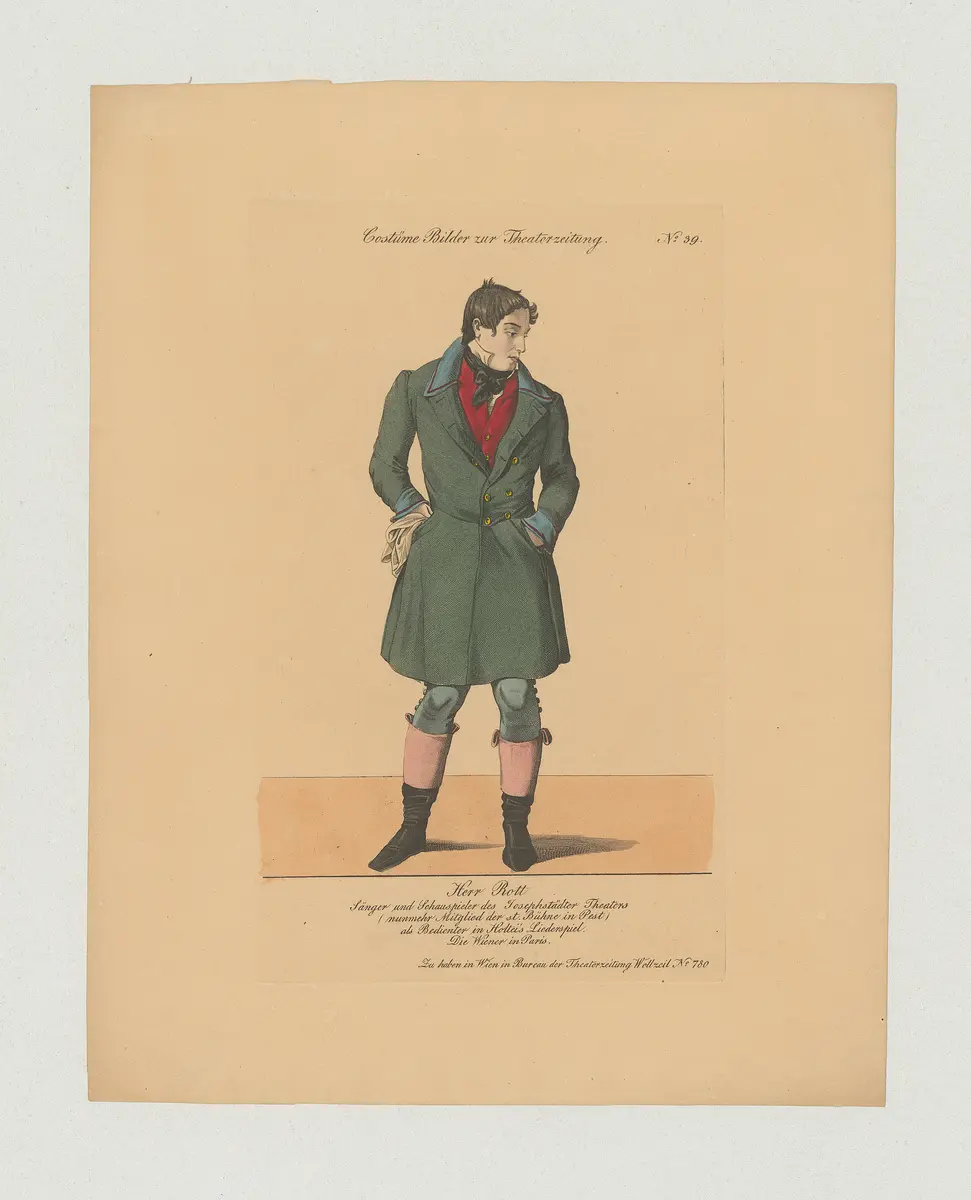 Karl Mathias Rott, Titel der Serie: Costume-Bild, Name der Zeitschrift: Wiener Theaterzeitung, Verweis auf Stücktitel: Die Wiener in Paris