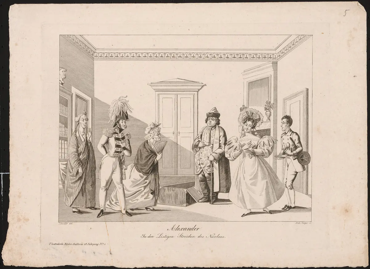 Die listigen Streiche des Nicolaus, Alternativtitel: Les Ruses de Nicolas, Titel in Vorlageform: Alexander / In den Listigen Streichen des Nicolaus, Titel der Serie: Theatralische Bilder-Gallerie, Name der Zeitschrift: Wiener Theaterzeitung