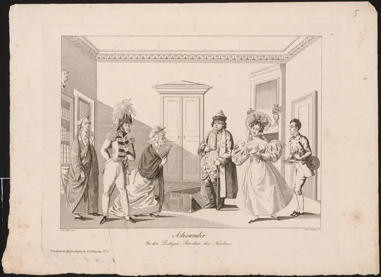 Die listigen Streiche des Nicolaus, Alternativtitel: Les Ruses de Nicolas, Titel in Vorlageform: Alexander / In den Listigen Streichen des Nicolaus, Titel der Serie: Theatralische Bilder-Gallerie, Name der Zeitschrift: Wiener Theaterzeitung