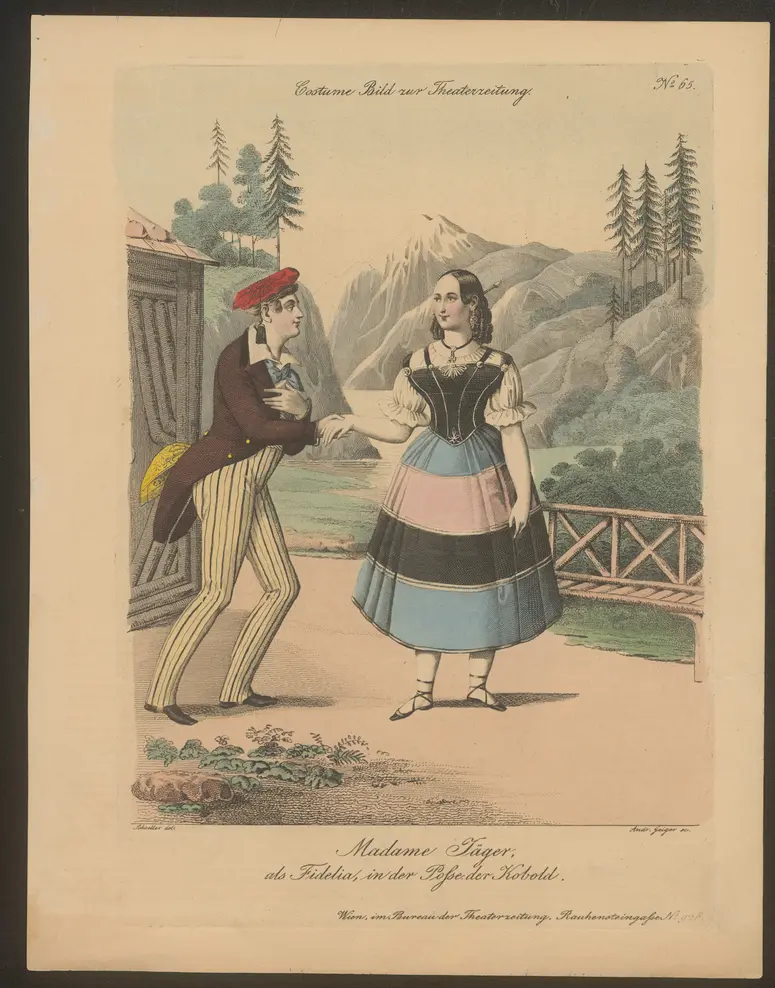 Der Kobold, Alternativtitel: Der Kobold oder Staberl im Feendienst, Titel in Vorlageform: Madame Jäger als Fidelia in der Posse der Kobold, Titel der Serie: Costume-Bild, Name der Zeitschrift: Wiener Theaterzeitung
