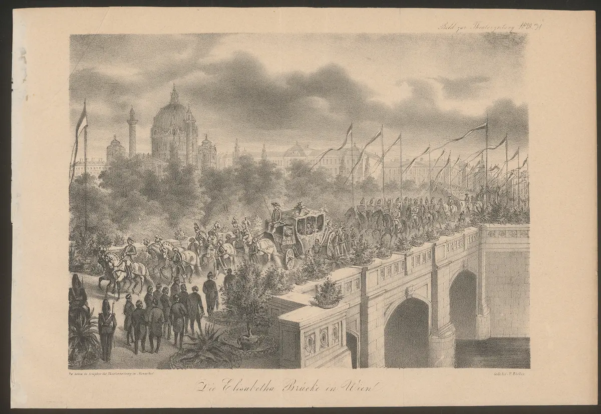 Wien (allgemein), Elisabethbrücke, Titel in Vorlageform: Die Elisabetha Brücke in Wien, Titel der Serie: Bild zur Theaterzeitung, Name der Zeitschrift: Wiener Theaterzeitung
