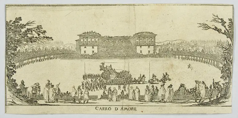 Descrizione delle feste fatte in Firenze per le reali nozze de Serenissimi sposi Ferdinando II. Gran duca di Toscana, e Vittoria principessa d'Vrbino., Titel in Vorlageform: Carro d'amore, Verweis auf Stücktitel: La Gerusalemme liberata / L'Armida trionfante