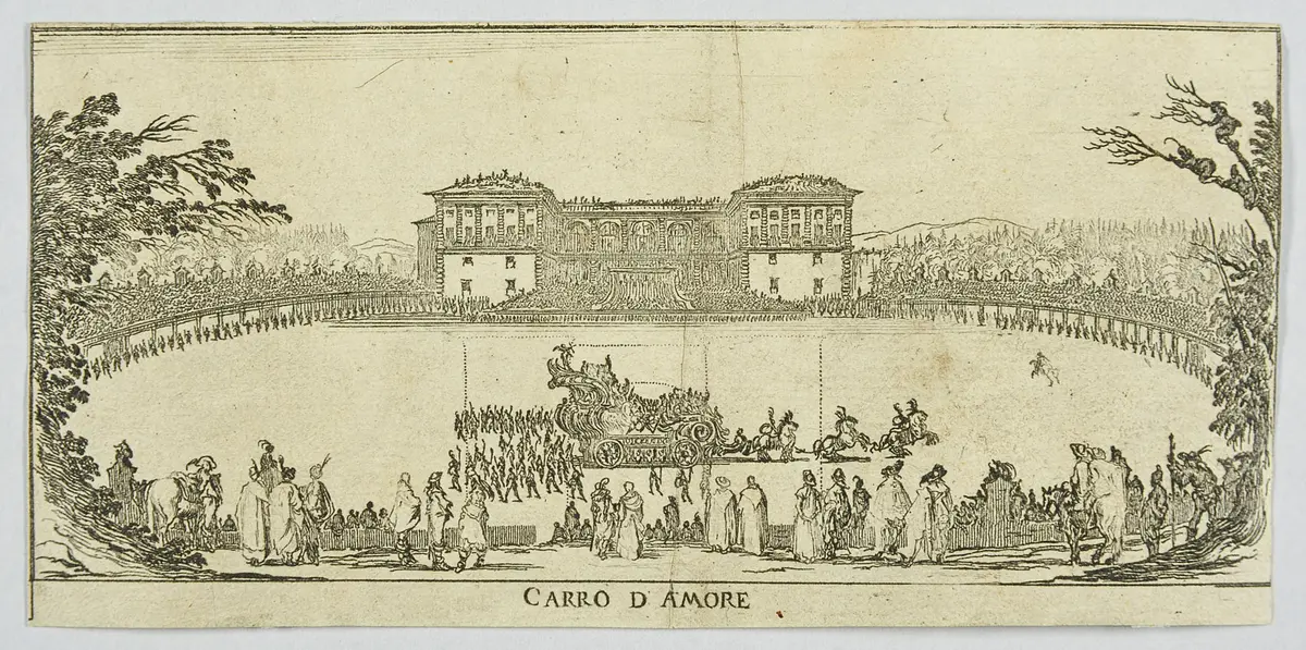 Descrizione delle feste fatte in Firenze per le reali nozze de Serenissimi sposi Ferdinando II. Gran duca di Toscana, e Vittoria principessa d'Vrbino., Titel in Vorlageform: Carro d'amore, Verweis auf Stücktitel: La Gerusalemme liberata / L'Armida trionfante