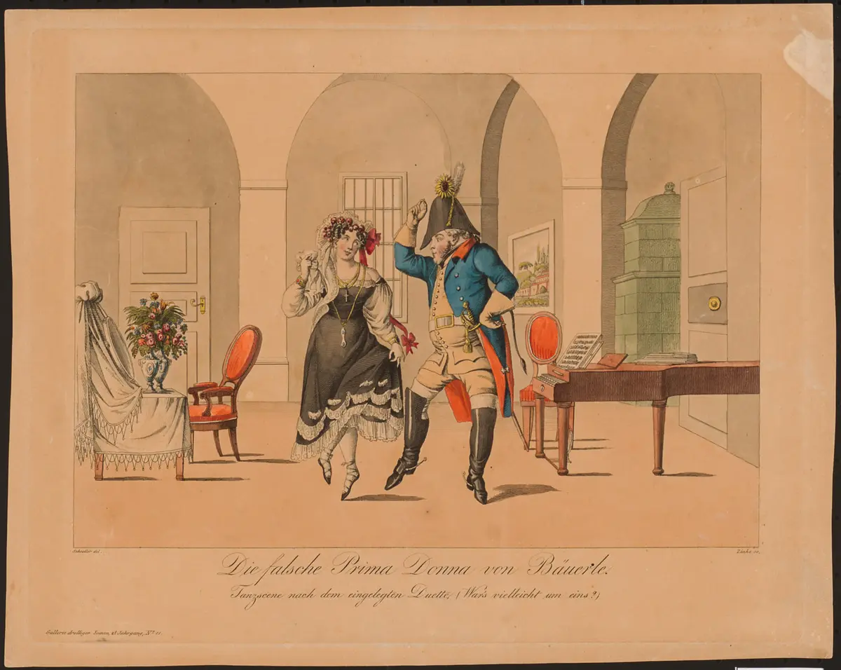 Die falsche Primadonna in Krähwinkel, Titel in Vorlageform: Die falsche Prima-Donna in Krähwinkel, Titel der Serie: Gallerie drolliger Scenen, Name der Zeitschrift: Wiener Theaterzeitung