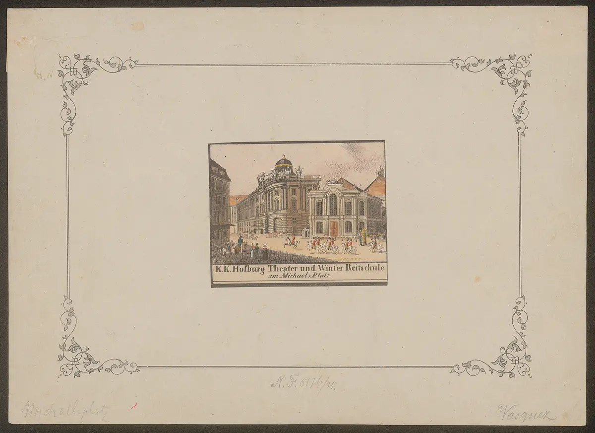 Wien, Altes Burgtheater, Titel in Vorlageform: K.K. Hofburg Theater und Winter Reitschule / am Michaels Platz