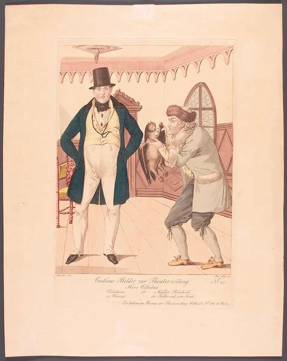 Friedrich Wilhelmi, Titel in Vorlageform: Herr Wilhelmi als Waldheim in Warum - Müller Reinhold in Müller und sein Kind, Titel der Serie: Costume-Bild, Name der Zeitschrift: Wiener Theaterzeitung, Verweis auf Stücktitel: Warum, Verweis auf Stücktitel: Der Müller und sein Kind