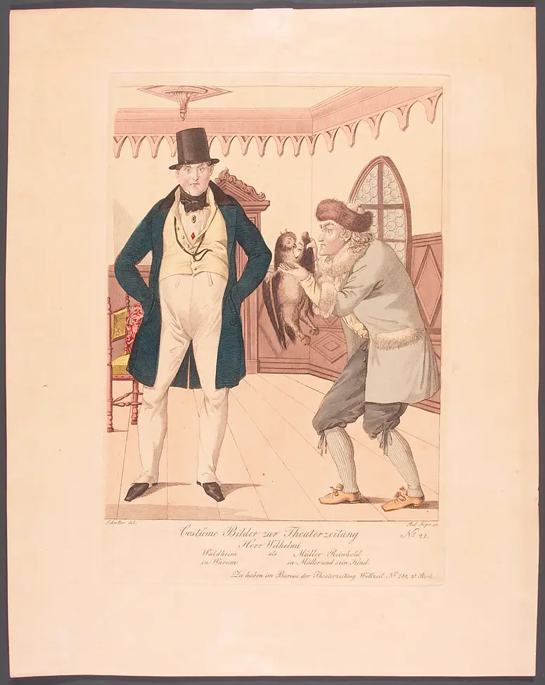 Friedrich Wilhelmi, Titel in Vorlageform: Herr Wilhelmi als Waldheim in Warum - Müller Reinhold in Müller und sein Kind, Titel der Serie: Costume-Bild, Name der Zeitschrift: Wiener Theaterzeitung, Verweis auf Stücktitel: Warum, Verweis auf Stücktitel: Der Müller und sein Kind