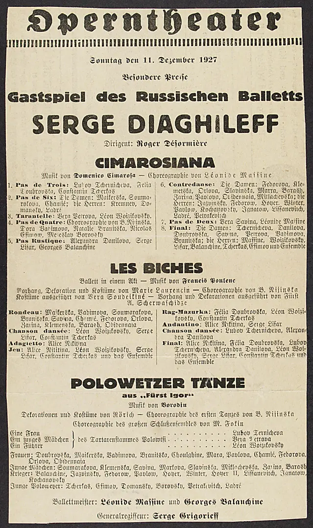 Russisches Ballett, Alternativtitel: Ballets Russes, Verweis auf Stücktitel: Cimarosiana, Verweis auf Stücktitel: Les Biches, Verweis auf Stücktitel: Polowetzer Tänze aus 