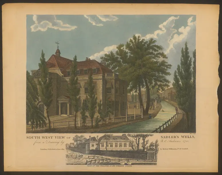 London, Sadler's Wells Theatre, Alternativtitel: London, Sadler's Wells (Aquatic Theatre), Titel in Vorlageform: South West View od Sadler's Wells. from a Drawing by R.C. Andrews 1792. / View of the Theatre in its Former State., Titel der Serie: Londina Illustrata