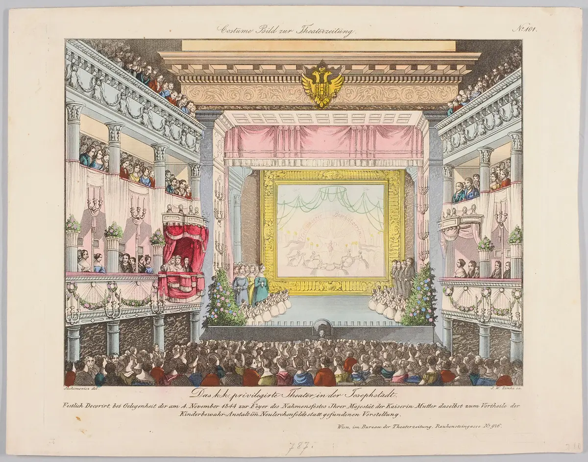 Wien, Theater in der Josefstadt, Titel in Vorlageform: Das k.k. privilegirte Theater in der Josephstadt. Festlich decorirt, bei der Gelegenheit der am 4. November 1844 zur Feyer des Nahmensfestes Ihrer Majestät der Kaiserin Mutter daselbst zum Vortheile der Kinderbewahr-Anstalt im Neulerchenfelde gefundenen Vorstellung, Titel in Vorlageform: Das k.k. privillegirte Theater in der Josephstadt, Titel der Serie: Costume-Bild, Name der Zeitschrift: Wiener Theaterzeitung