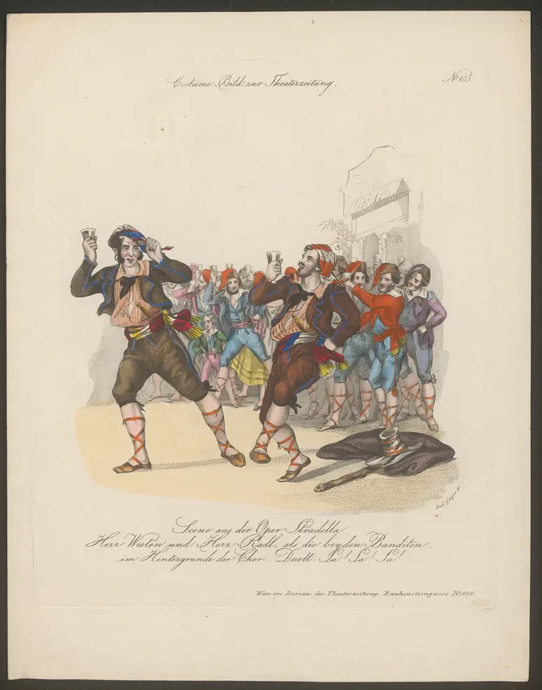 Alessandro Stradella, Titel in Vorlageform: Scene aus der Oper Stradella / Herr Westen und Herr Radl als die beyden Banditen, Titel der Serie: Costume-Bild, Name der Zeitschrift: Wiener Theaterzeitung