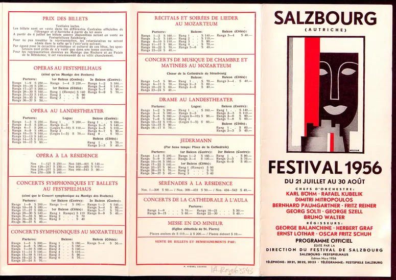 Salzburger Festspiele 1956, Titel in Vorlageform: Salzbourg Festival 1956, Verweis auf Stücktitel: Cosi fan tutte, Verweis auf Stücktitel: Don Giovanni, Verweis auf Stücktitel: Entführung aus dem Serail, Figaros Hochzeit, Verweis auf Stücktitel: Idomeneo, Verweis auf Stücktitel: Zauberflöte, Verweis auf Stücktitel: Jedermann, Verweis auf Stücktitel: Egmont