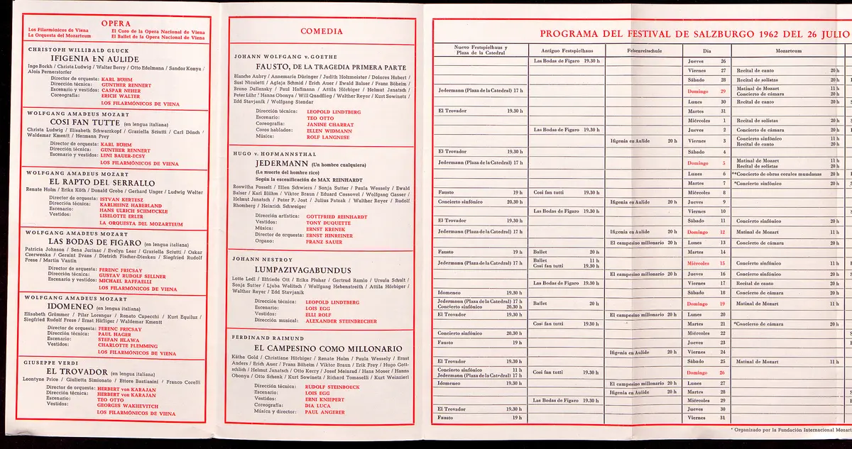 Salzburger Festspiele 1962, Titel in Vorlageform: Salzburgo Festival 1962, Verweis auf Stücktitel: Iphigenie in Aulis, Verweis auf Stücktitel: Cosi fan tutte, Verweis auf Stücktitel: Die Entführung aus dem Serail, Verweis auf Stücktitel: Figaros Hochzeit, Verweis auf Stücktitel: Idomeneo, Verweis auf Stücktitel: Der Troubadour, Verweis auf Stücktitel: Jedermann, Verweis auf Stücktitel: Faust, Verweis auf Stücktitel: Lumpazivagabundus, Verweis auf Stücktitel: Der Bauer als Millionär