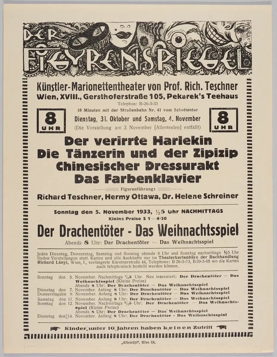 Der Figurenspiegel, Verweis auf Stücktitel: Der verirrte Harlekin, Verweis auf Stücktitel: Die Tänzerin / Die grüne Tänzerin / Die Tänzerin und der Zipizip, Verweis auf Stücktitel: Dressurakt / Chinesischer Dressurakt, Verweis auf Stücktitel: Das Farbenklavier