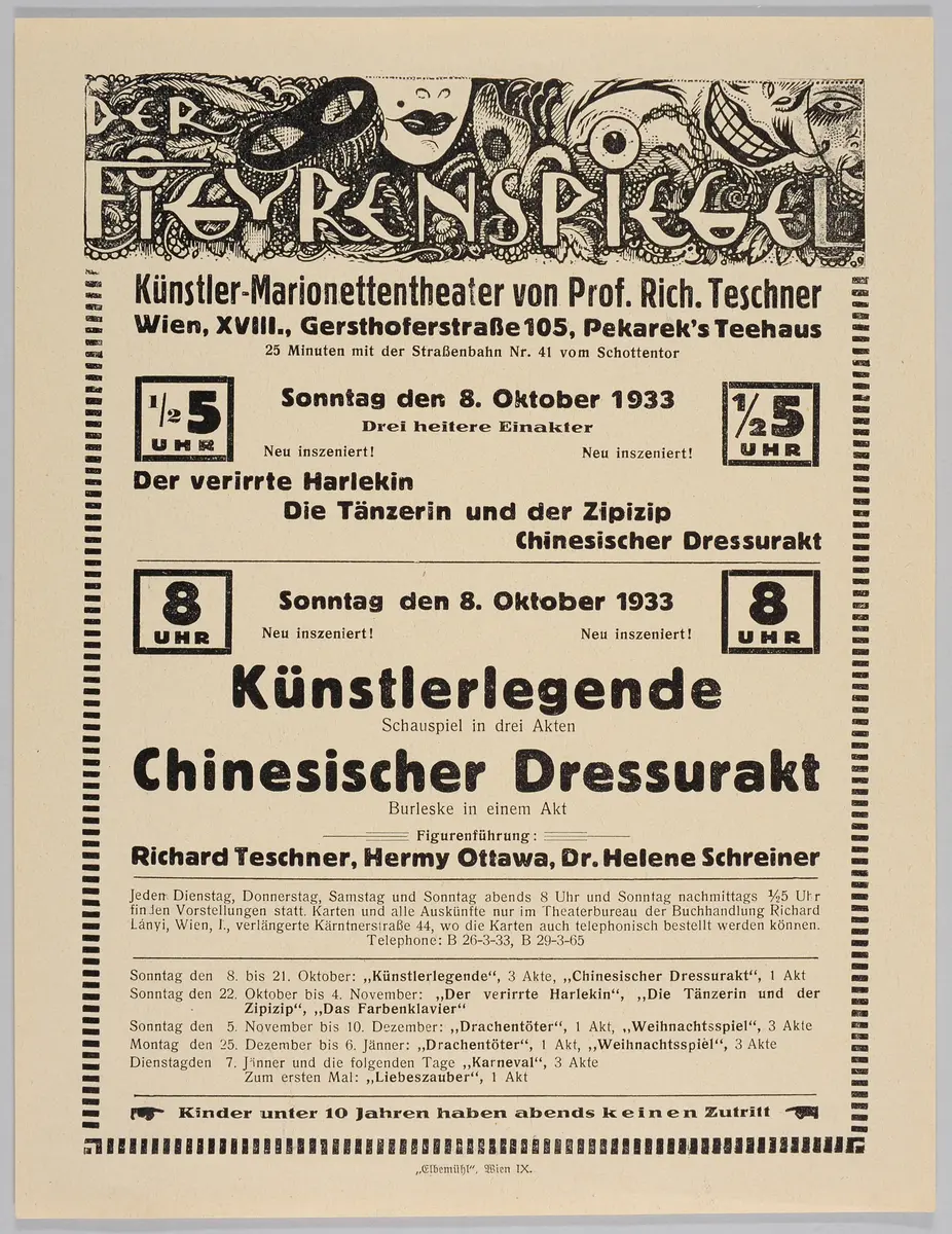 Der Figurenspiegel, Verweis auf Stücktitel: Der verirrte Harlekin, Verweis auf Stücktitel: Die Tänzerin / Die grüne Tänzerin / Die Tänzerin und der Zipizip, Verweis auf Stücktitel: Dressurakt / Chinesischer Dressurakt, Verweis auf Stücktitel: Künstlerlegende