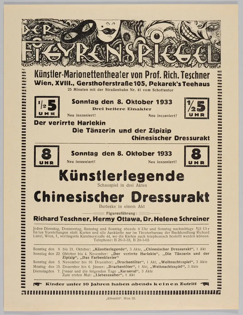 Der Figurenspiegel, Verweis auf Stücktitel: Der verirrte Harlekin, Verweis auf Stücktitel: Die Tänzerin / Die grüne Tänzerin / Die Tänzerin und der Zipizip, Verweis auf Stücktitel: Dressurakt / Chinesischer Dressurakt, Verweis auf Stücktitel: Künstlerlegende