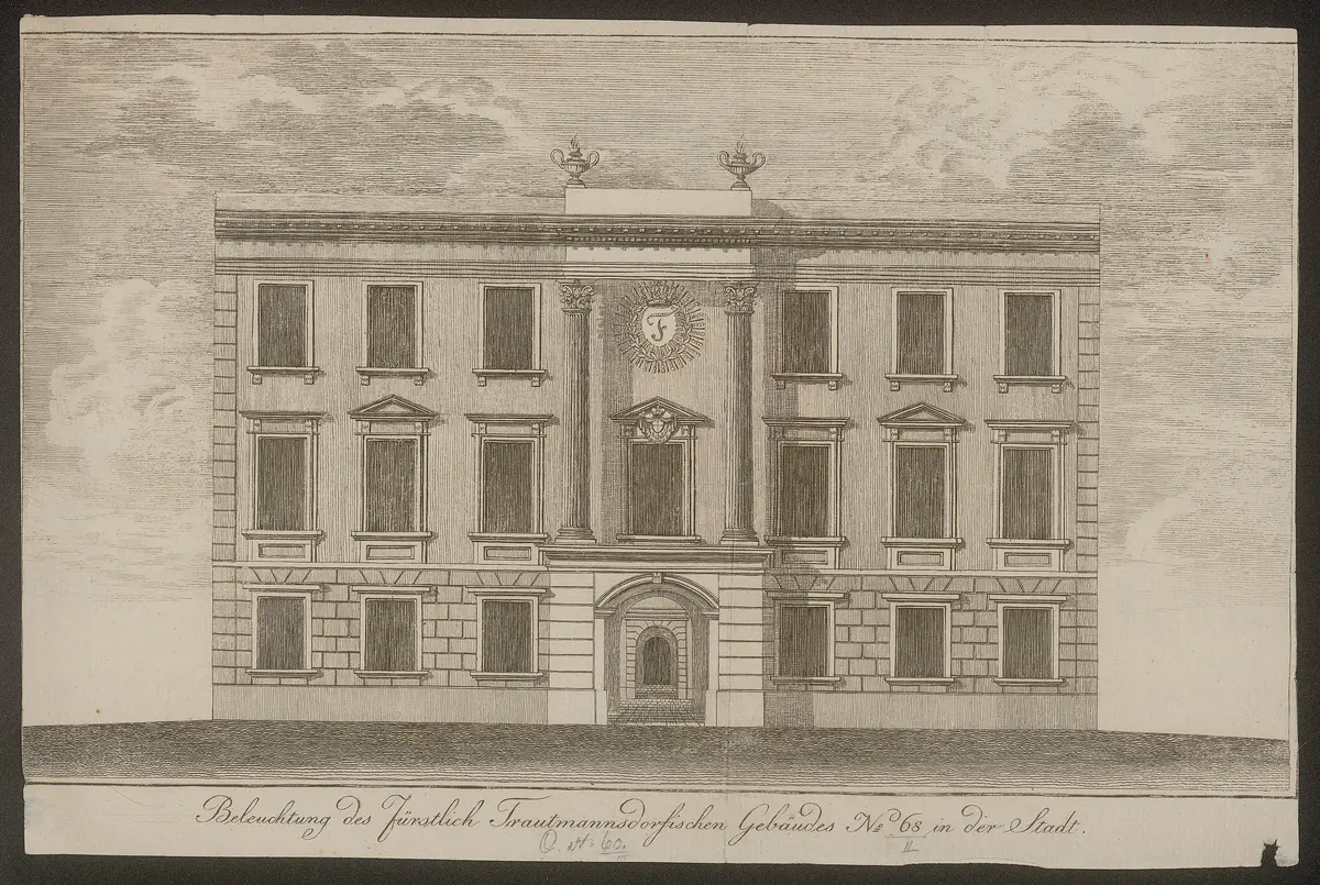 Wien (allgemein), Palais Trauttmansdorff, Titel in Vorlageform: Beleuchtung des fürstlich Trautmannsdorfischen Gebäudes No. 68 in Stadt