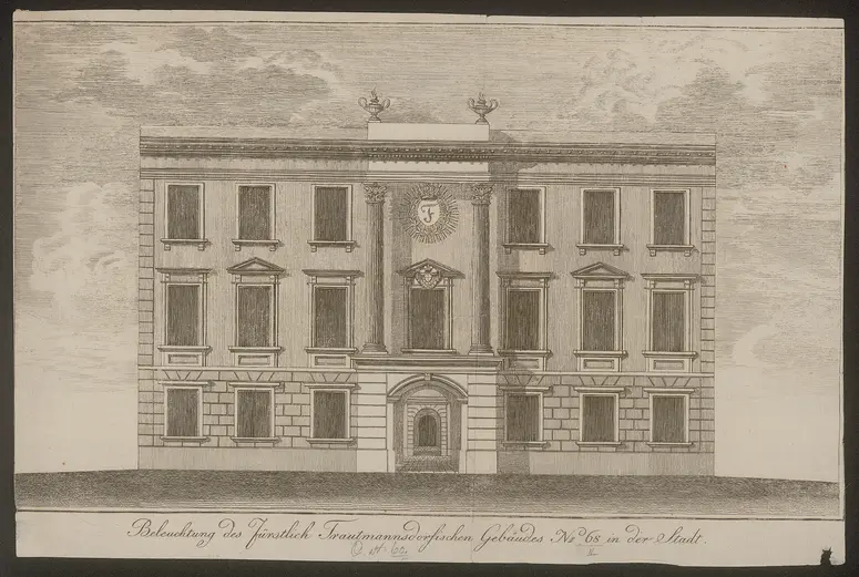 Wien (allgemein), Palais Trauttmansdorff, Titel in Vorlageform: Beleuchtung des fürstlich Trautmannsdorfischen Gebäudes No. 68 in Stadt