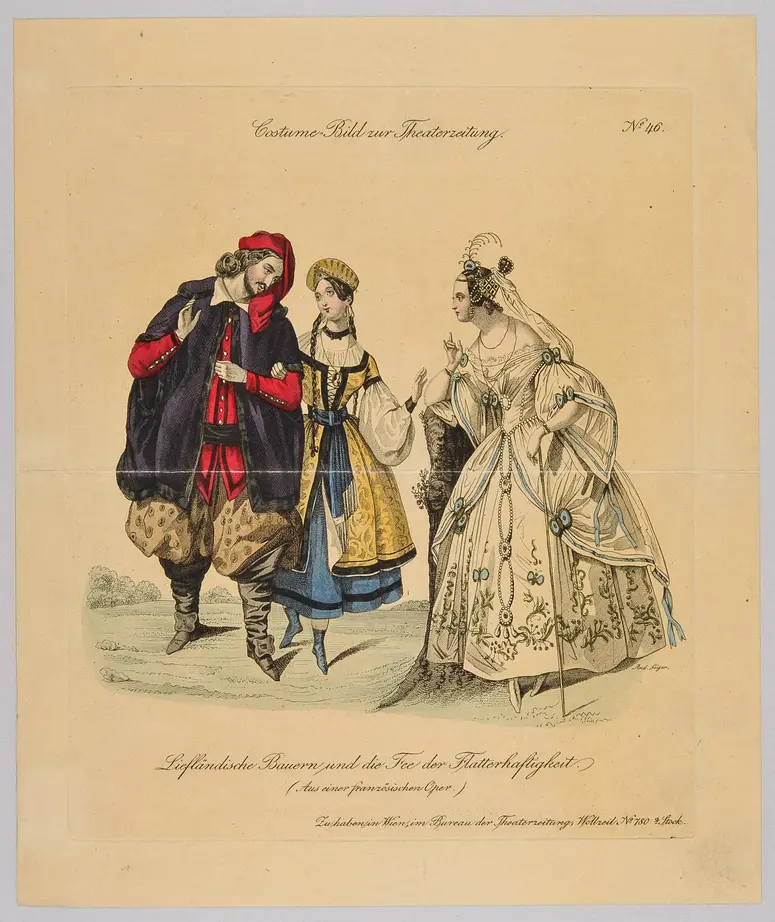 Liefländische Bauern und die Fee der Flatterhaftigkeit (aus einer französischen Oper), Titel der Serie: Costume-Bild, Name der Zeitschrift: Wiener Theaterzeitung