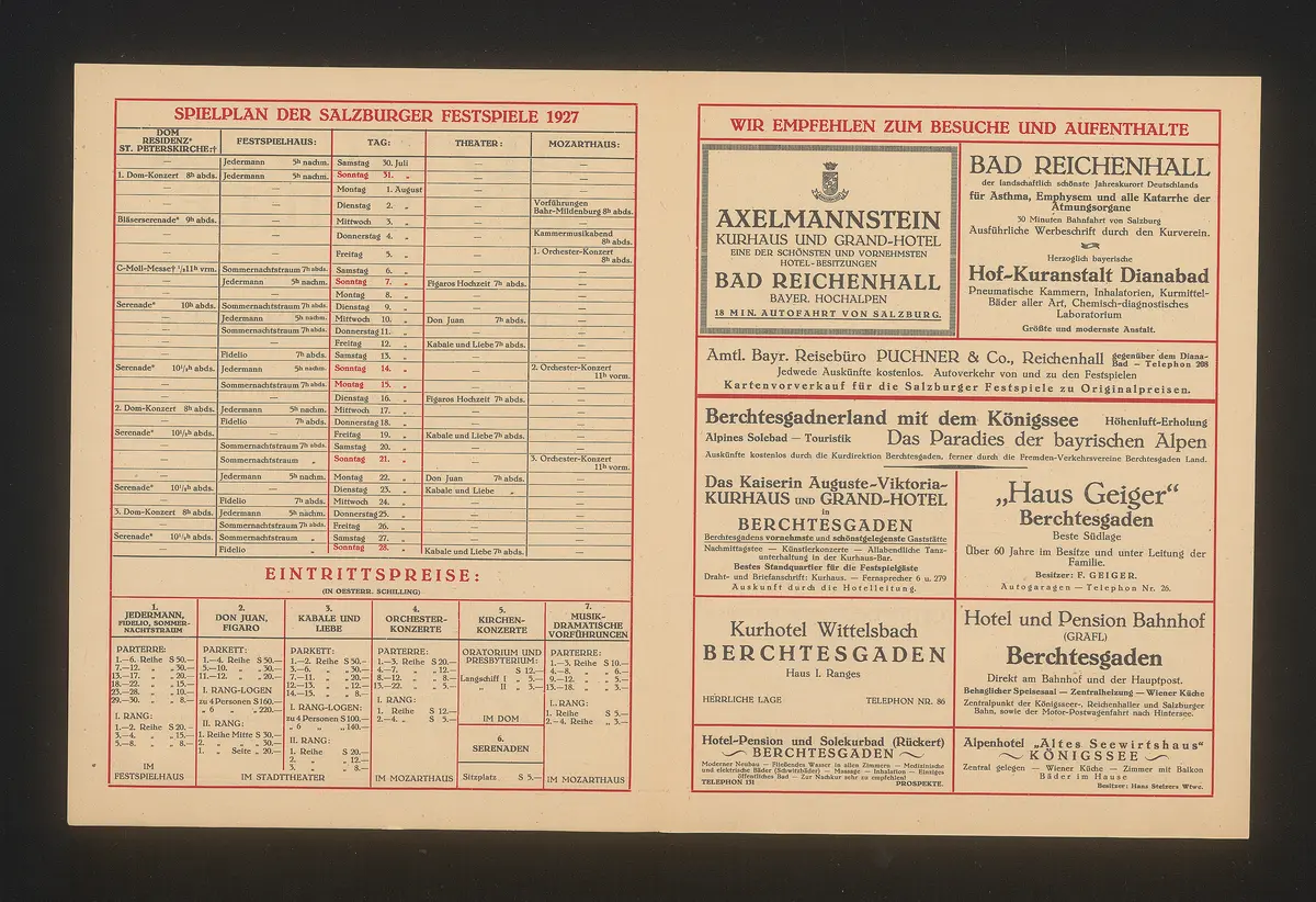 Salzburger Festspiele 1927, Verweis auf Stücktitel: Fidelio, Verweis auf Stücktitel: Don Juan, Verweis auf Stücktitel: Figaros Hochzeit, Verweis auf Stücktitel: Kabale und Liebe, Verweis auf Stücktitel: Sommernachtstraum, Verweis auf Stücktitel: Jedermann