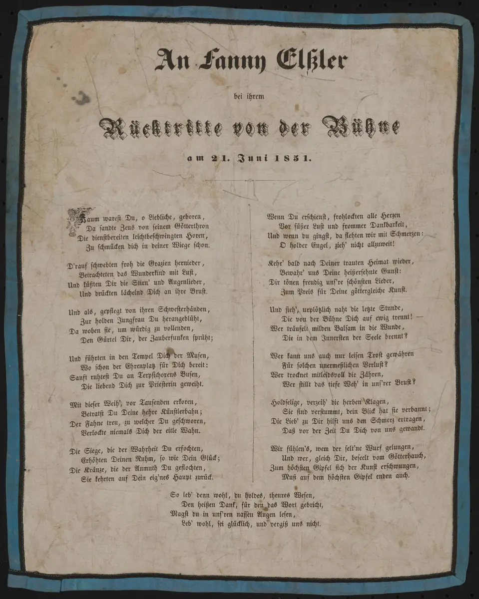 Fanny Elßler, Titel in Vorlageform: An Fanny Elßler bei ihrem Rücktritte von der Bühne am 21. Juni 1851