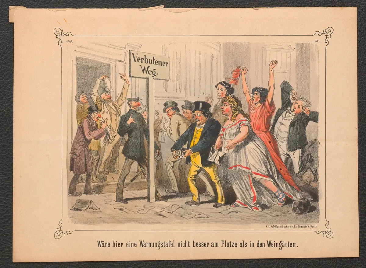 Wäre hier eine Warnungstafel nicht besser am Platze als in den Weingärten., Alternativtitel: Der verbotene Weg. (Mit Bild.), Name der Zeitschrift: Hans-Jörgel von Gumpolskirchen
