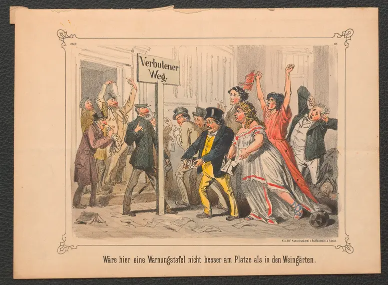 Wäre hier eine Warnungstafel nicht besser am Platze als in den Weingärten., Alternativtitel: Der verbotene Weg. (Mit Bild.), Name der Zeitschrift: Hans-Jörgel von Gumpolskirchen