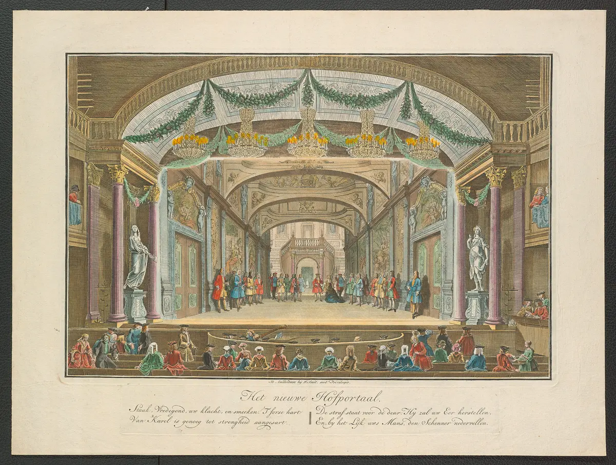 ohne Titel, Titel in Vorlageform: Het nieuwe Hofportaal (Das neue Hofportal), Titel der Serie: Toneeldecors van de Amsterdamse Schouwburg (Theaterdekorationen der Amsterdamer Schauburg), Verweis auf Stücktitel: Karel de Stoute (Karl der Kühne)