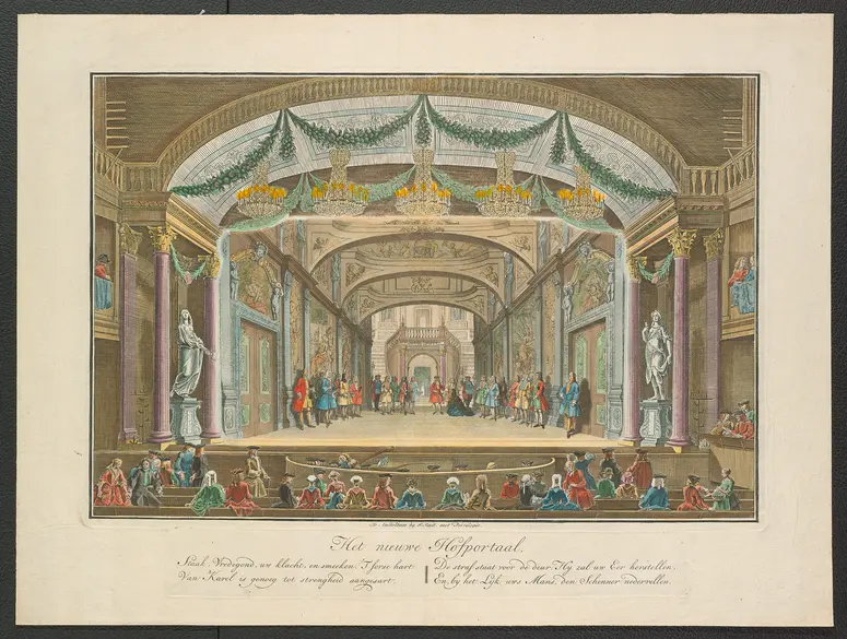 ohne Titel, Titel in Vorlageform: Het nieuwe Hofportaal (Das neue Hofportal), Titel der Serie: Toneeldecors van de Amsterdamse Schouwburg (Theaterdekorationen der Amsterdamer Schauburg), Verweis auf Stücktitel: Karel de Stoute (Karl der Kühne)
