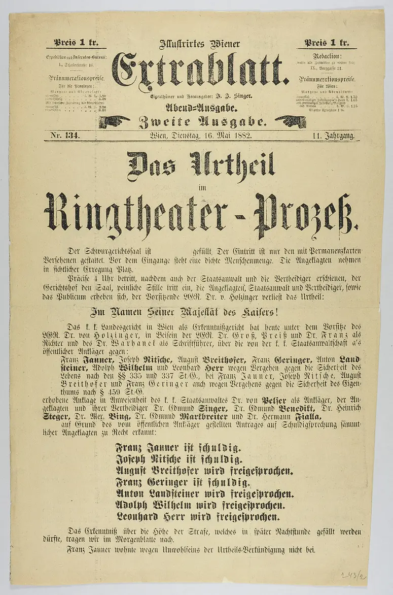 Das Urtheil im Ringtheater-Prozeß, Name der Zeitschrift: Illustriertes Wiener Extrablatt
