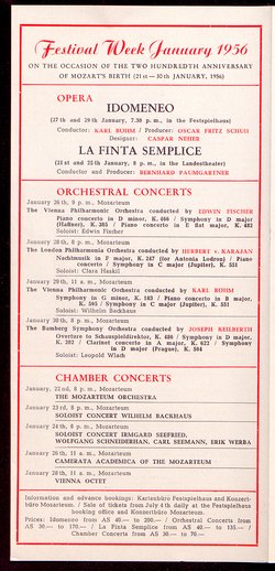 Salzburger Festspiele 1955, Titel in Vorlageform: Salzburg Festival 1955, Verweis auf Stücktitel: Irische Legende, Verweis auf Stücktitel: Zauberflöte, Verweis auf Stücktitel: Entführung aus dem Serail, Verweis auf Stücktitel: Palestrina, Verweis auf Stücktitel: Ariadne auf Naxos, Verweis auf Stücktitel: Jedermann, Verweis auf Stücktitel: Kabale und Liebe