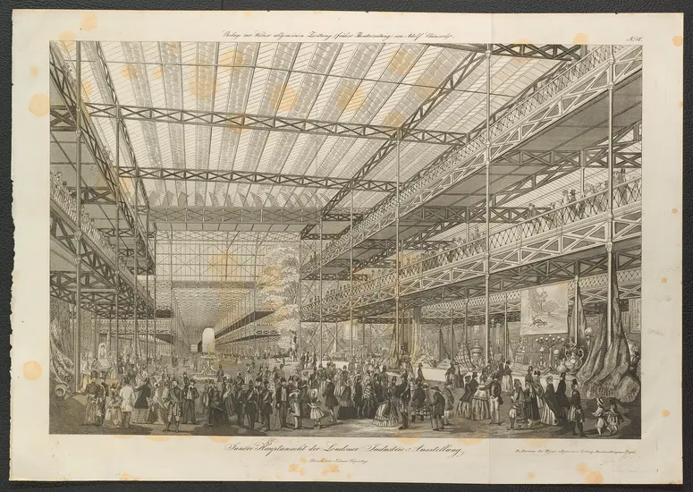 London (allgemein), Industrie-Ausstellung, Titel in Vorlageform: Innere Hauptansicht der Londoner Industrie-Ausstellung, Titel der Serie: Beilage zur Wiener allgemeinen Zeitung (früher Theaterzeitung) von Adolf Bäuerle, Name der Zeitschrift: Wiener Theaterzeitung