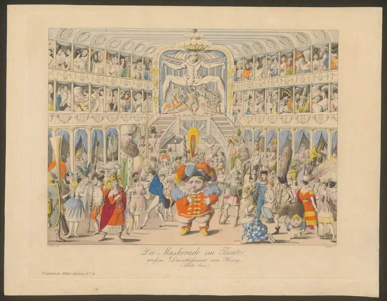 Die Maskerade im Theater, Titel der Serie: Gallerie interessanter und drolliger Scenen, Name der Zeitschrift: Wiener Theaterzeitung