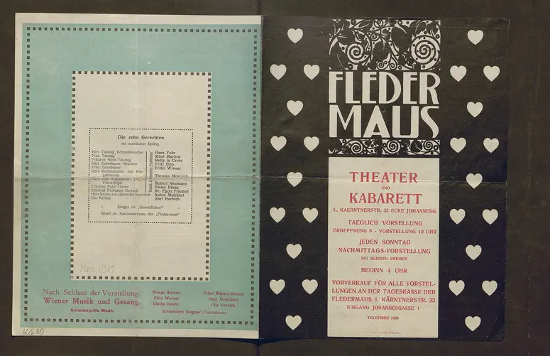 Kabarett Fledermaus, Titel in Vorlageform: Fledermaus Theater und Kabarett, Verweis auf Stücktitel: Die Fledermäuse, Verweis auf Stücktitel: Goethe, Verweis auf Stücktitel: Der Schatten des Lord Rahu, Verweis auf Stücktitel: Die zehn Gerechten