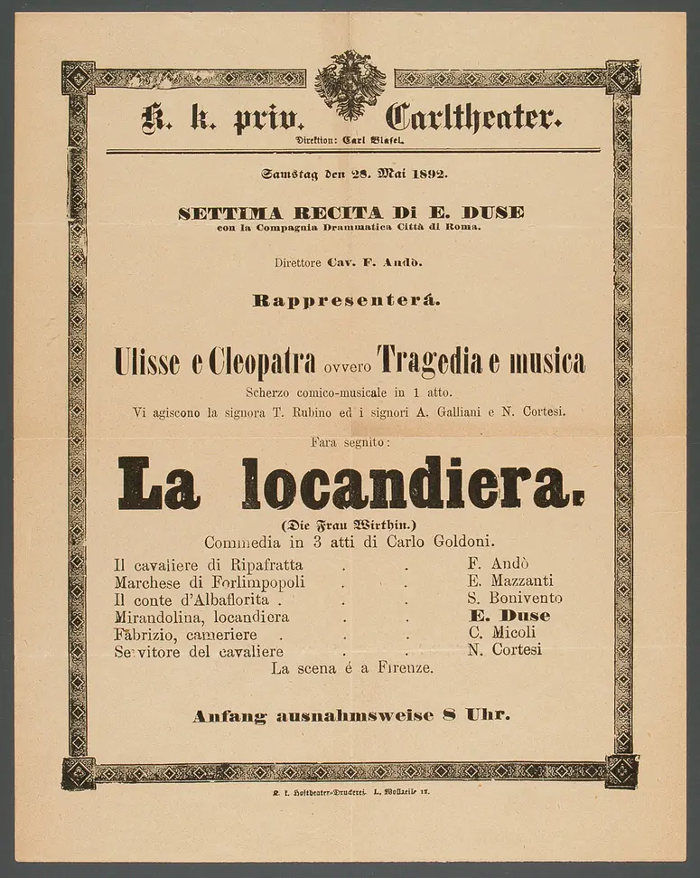 Die Wirtin, Titel in Vorlageform: La locandiera (Die Frau Wirthin)