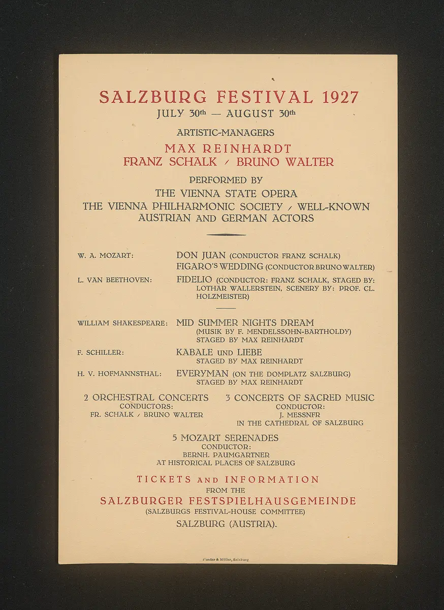 Salzburger Festspiele 1927, Titel in Vorlageform: Salzburg Festival 1927, Verweis auf Stücktitel: Fidelio, Verweis auf Stücktitel: Don Juan, Verweis auf Stücktitel: Figaros Hochzeit, Verweis auf Stücktitel: Kabale und Liebe, Verweis auf Stücktitel: Sommernachtstraum, Verweis auf Stücktitel: Jedermann