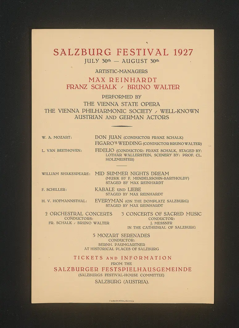 Salzburger Festspiele 1927, Titel in Vorlageform: Salzburg Festival 1927, Verweis auf Stücktitel: Fidelio, Verweis auf Stücktitel: Don Juan, Verweis auf Stücktitel: Figaros Hochzeit, Verweis auf Stücktitel: Kabale und Liebe, Verweis auf Stücktitel: Sommernachtstraum, Verweis auf Stücktitel: Jedermann