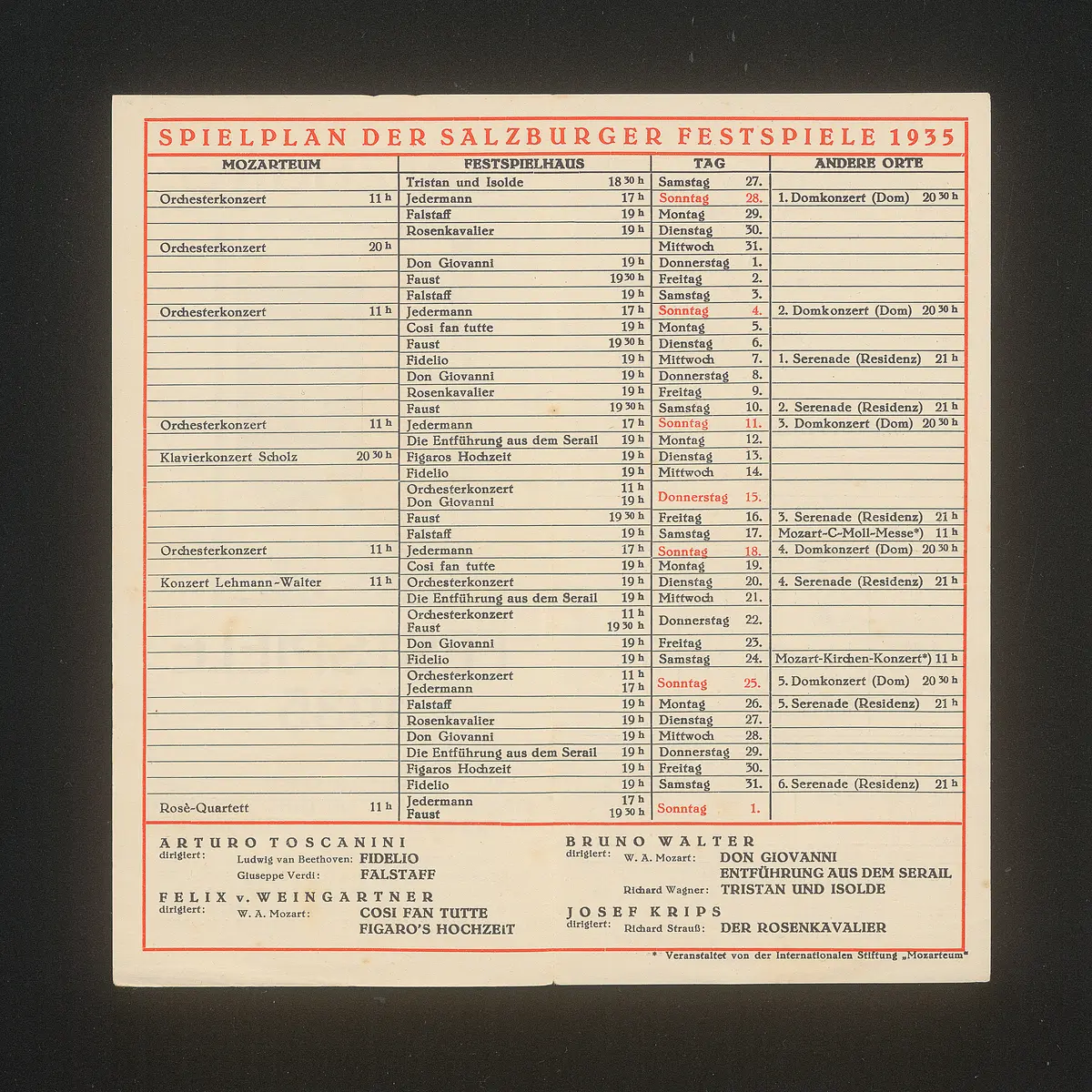 Salzburger Festspiele 1935, Titel in Vorlageform: Salzburg Festival 1935, Verweis auf Stücktitel: Cosi fan tutte, Verweis auf Stücktitel: Don Giovanni, Verweis auf Stücktitel: Falstaff, Verweis auf Stücktitel: Fidelio, Verweis auf Stücktitel: Figaros Hochzeit, Verweis auf Stücktitel: Iphigenie auf Tauris, Verweis auf Stücktitel: Der Rosenkavalier, Verweis auf Stücktitel: Tristan und Isolde, Verweis auf Stücktitel: Jedermann, Verweis auf Stücktitel: Faust