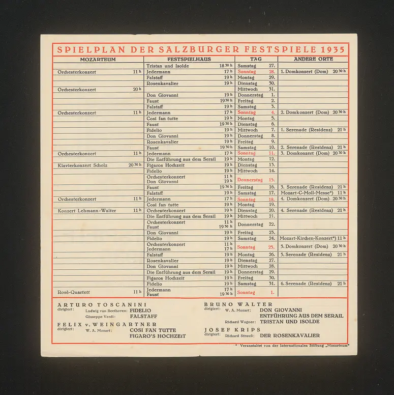 Salzburger Festspiele 1935, Titel in Vorlageform: Salzburg Festival 1935, Verweis auf Stücktitel: Cosi fan tutte, Verweis auf Stücktitel: Don Giovanni, Verweis auf Stücktitel: Falstaff, Verweis auf Stücktitel: Fidelio, Verweis auf Stücktitel: Figaros Hochzeit, Verweis auf Stücktitel: Iphigenie auf Tauris, Verweis auf Stücktitel: Der Rosenkavalier, Verweis auf Stücktitel: Tristan und Isolde, Verweis auf Stücktitel: Jedermann, Verweis auf Stücktitel: Faust