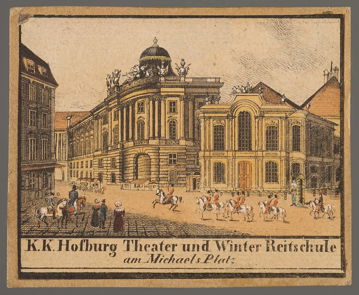 Wien, Altes Burgtheater, Wien, Hofreitschule, Titel in Vorlageform: K.K. Hofburg Theater und Winter Reitschule / am Michaels Platz