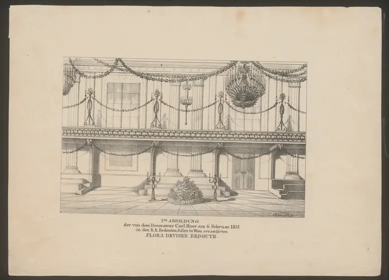 Wien (allgemein), Redoutensaal, Titel in Vorlageform: Ite ABBILDUNG der von Decorateur Carl Hoer am 6. Februar 1831 in den k.k. Redouten-Sälen in Wien arrangierten FLORA DEVISEN REDOUTE.