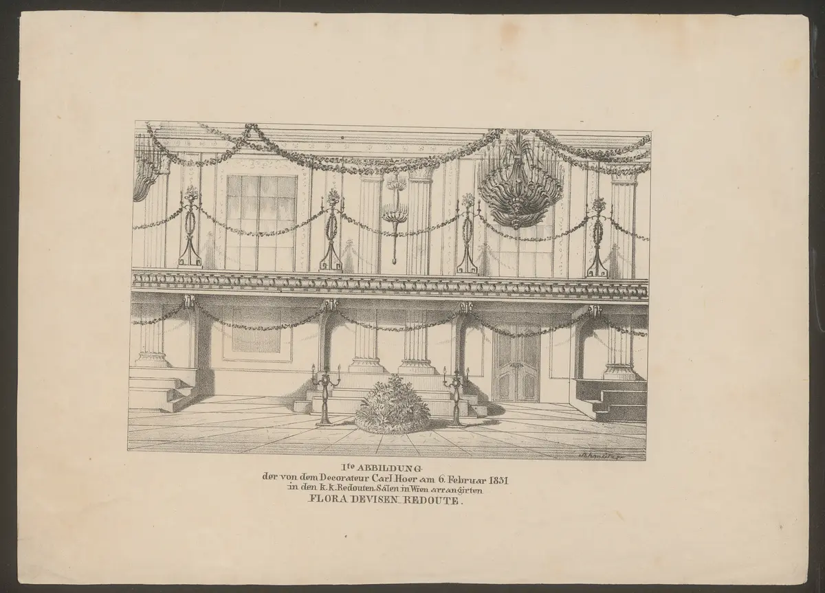 Wien (allgemein), Redoutensaal, Titel in Vorlageform: Ite ABBILDUNG der von Decorateur Carl Hoer am 6. Februar 1831 in den k.k. Redouten-Sälen in Wien arrangierten FLORA DEVISEN REDOUTE.