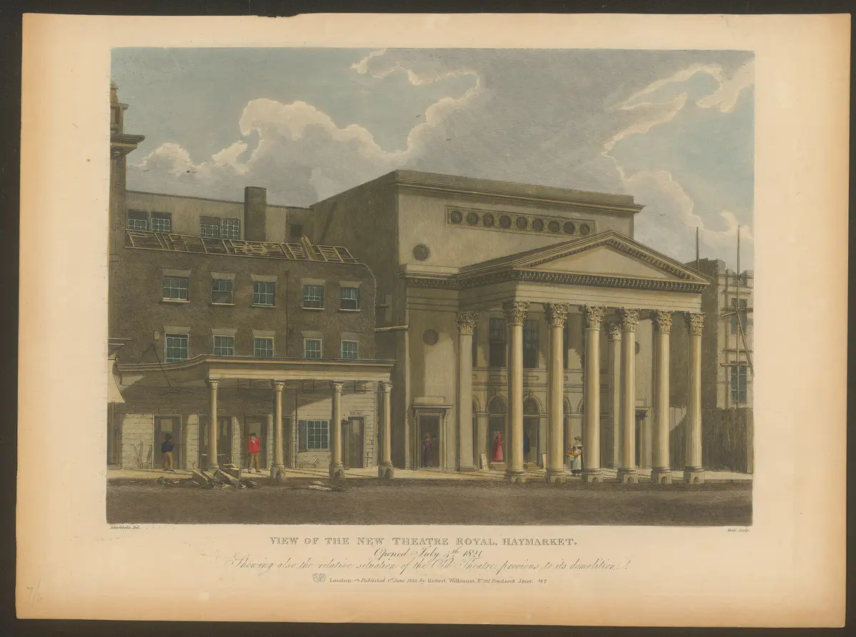 London, Haymarket Theatre, Alternativtitel: London, Theatre Royal, Haymarket, Titel in Vorlageform: View of the New Theatre Royal, Haymarket. Opened July 4th 1821. Shewing also the relative situation f the Old Theatre, previous to ist demolition., Titel der Serie: Londina Illustrata