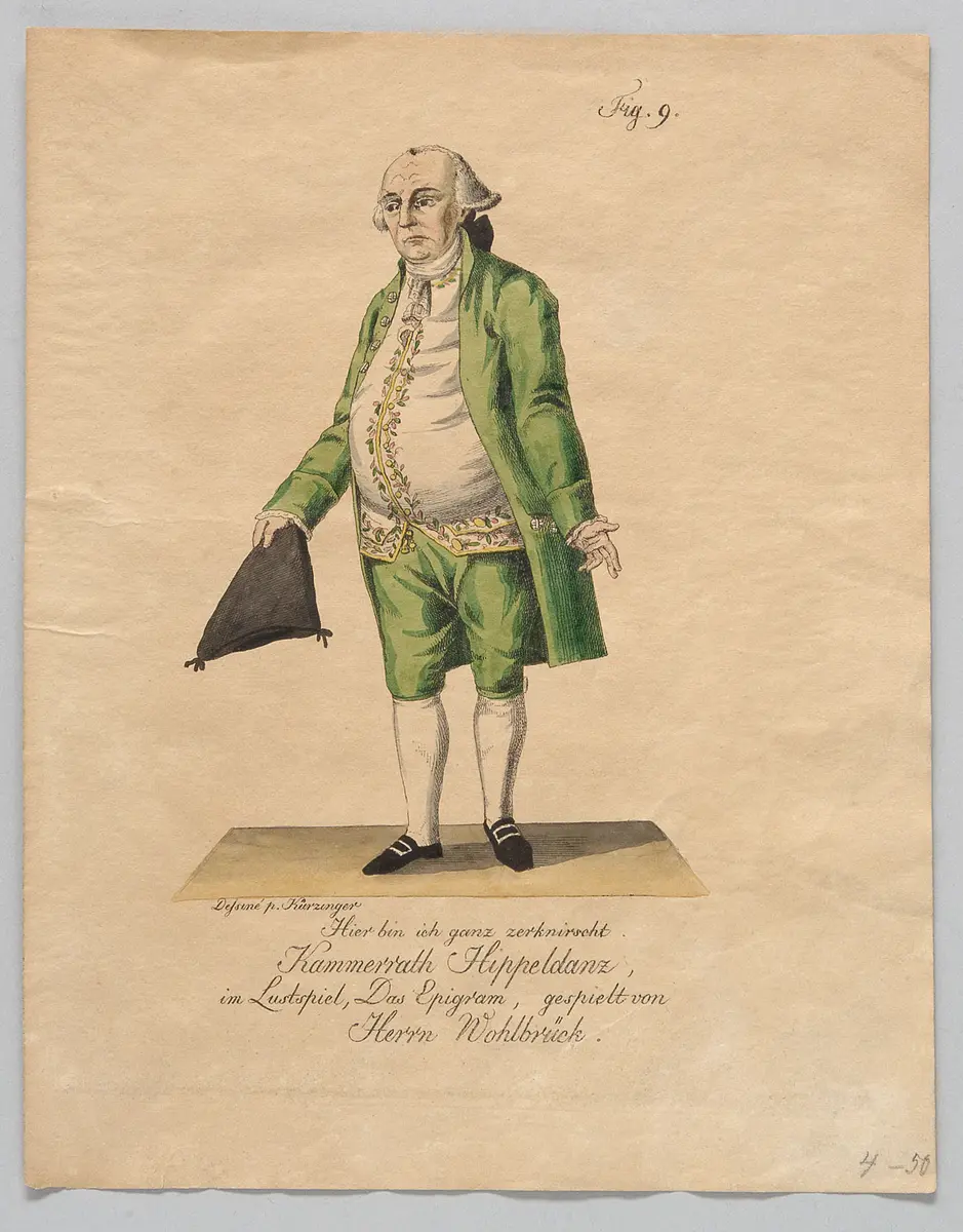 Johann Gottfried Wohlbrück, Titel in Vorlageform: Kammerrath Hippeldanz, im Lustspiel, Das Epigram, gespielt von Herrn Wohlbrück, Verweis auf Stücktitel: Das Epigram, Name der Zeitschrift: Münchner Theater-Journal